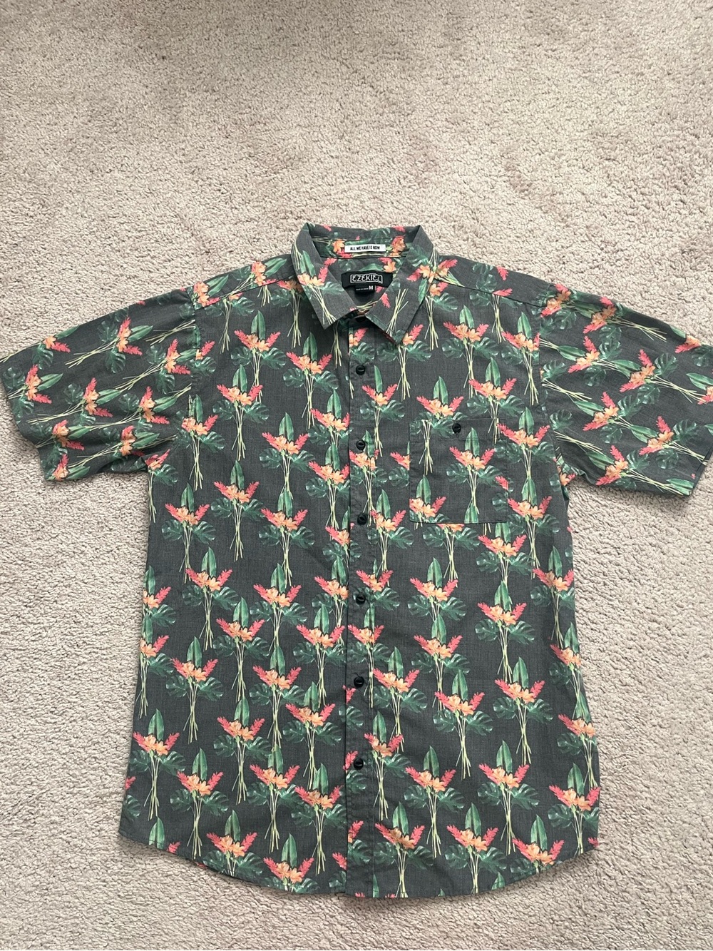 Ezekiel Short-Sleeve Tropical Button-Up Shirt with Coral Print